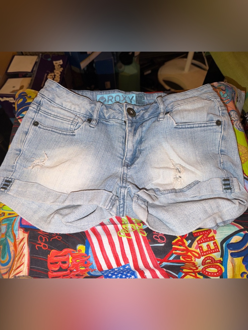 Roxy Light Blue Distressed Cuffed Denim Shorts